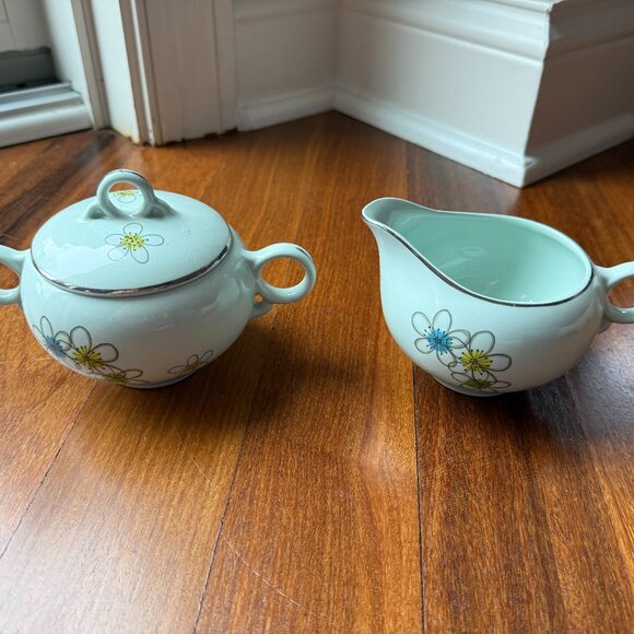 Vintage MCM China Nobility Permaware Atomic Daisies Floral Mist Cream & Sugar - Picture 1 of 11